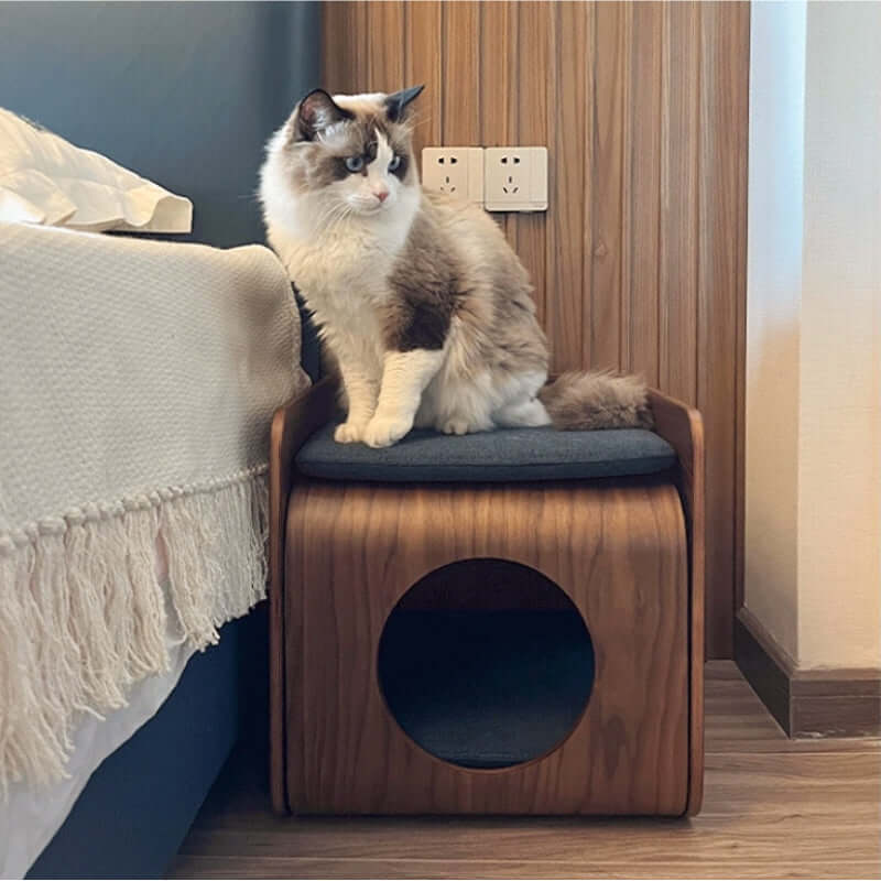 Wooden Square Cat House – Indoor Cat Den, Table & Stool for Cats