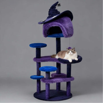 Purple Halloween Cat Tree – Indoor Multi-Level Tower with Witch-Hat Bed for Play
