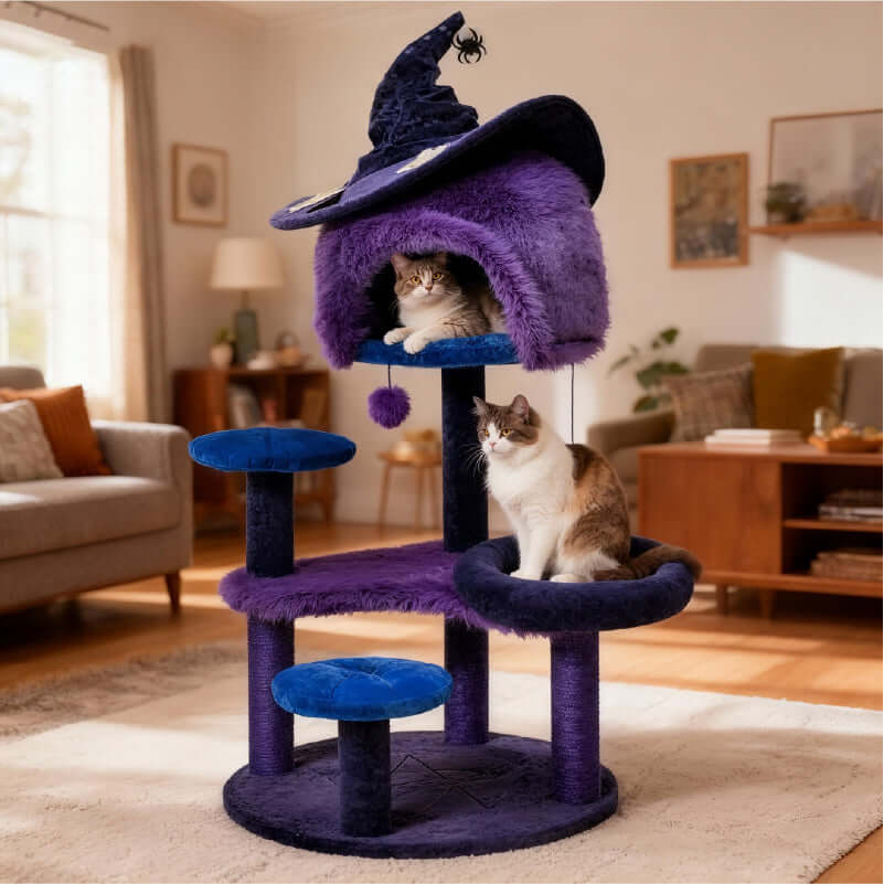Purple Halloween Cat Tree – Indoor Multi-Level Tower with Witch-Hat Bed for Play