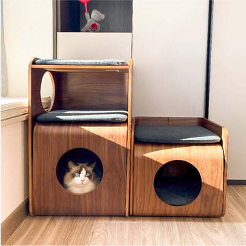Wooden Square Cat House – Indoor Cat Den, Table & Stool for Cats