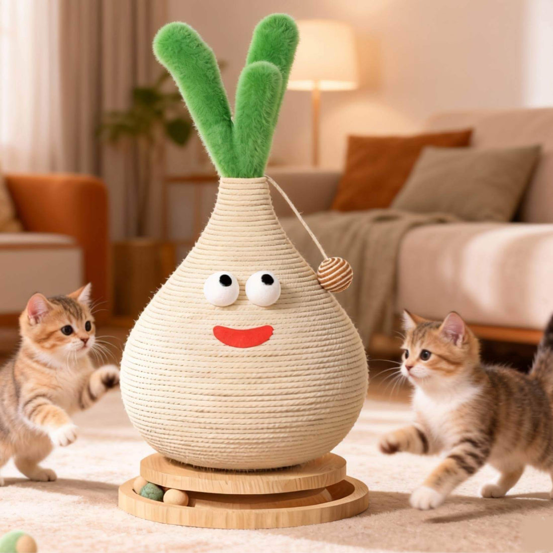 Garlic-Shaped Solid Wood Cat Scratching Board with Rotating Platform
