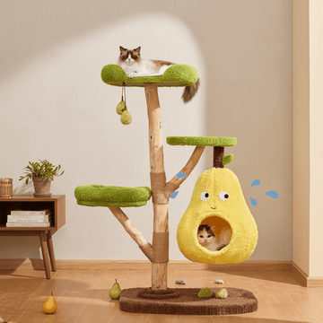 Unique Pear Cat Tree Tower: Natural Wood with All-Season Cat Bed