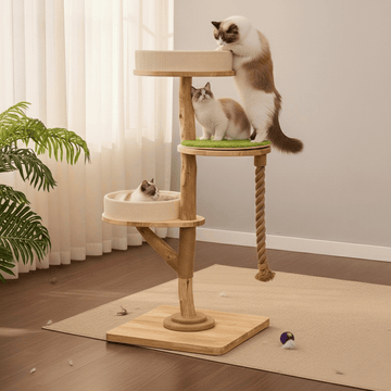 Wooden Cat Tree with Hanging Bed & Scratching Post