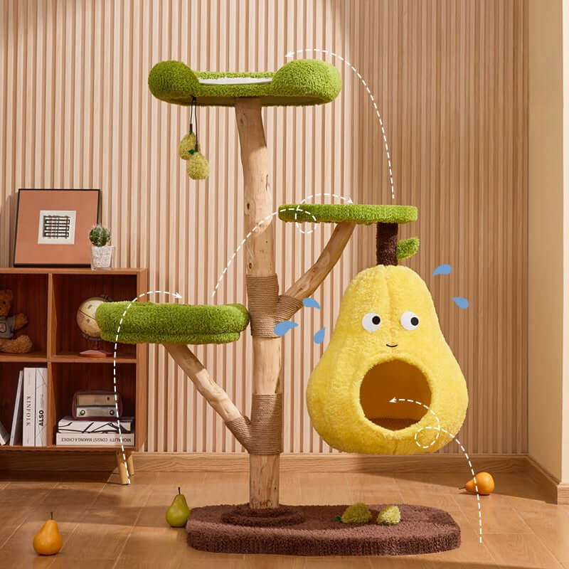 Unique Pear Cat Tree Tower: Natural Wood with All-Season Cat Bed
