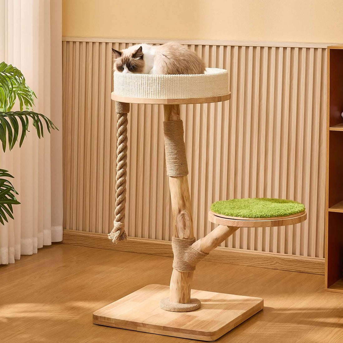Wooden Cat Tree with Hanging Bed & Scratching Post