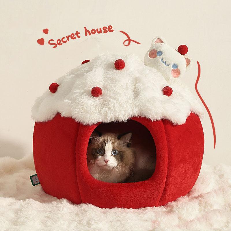 Snowball &amp; Strawberry Cat Cave Bed — Soft &amp; Cozy