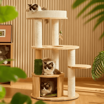 Solid Oak Multi-Level Cat Tree – Indoor Tower for Small & Short-Legged Cats